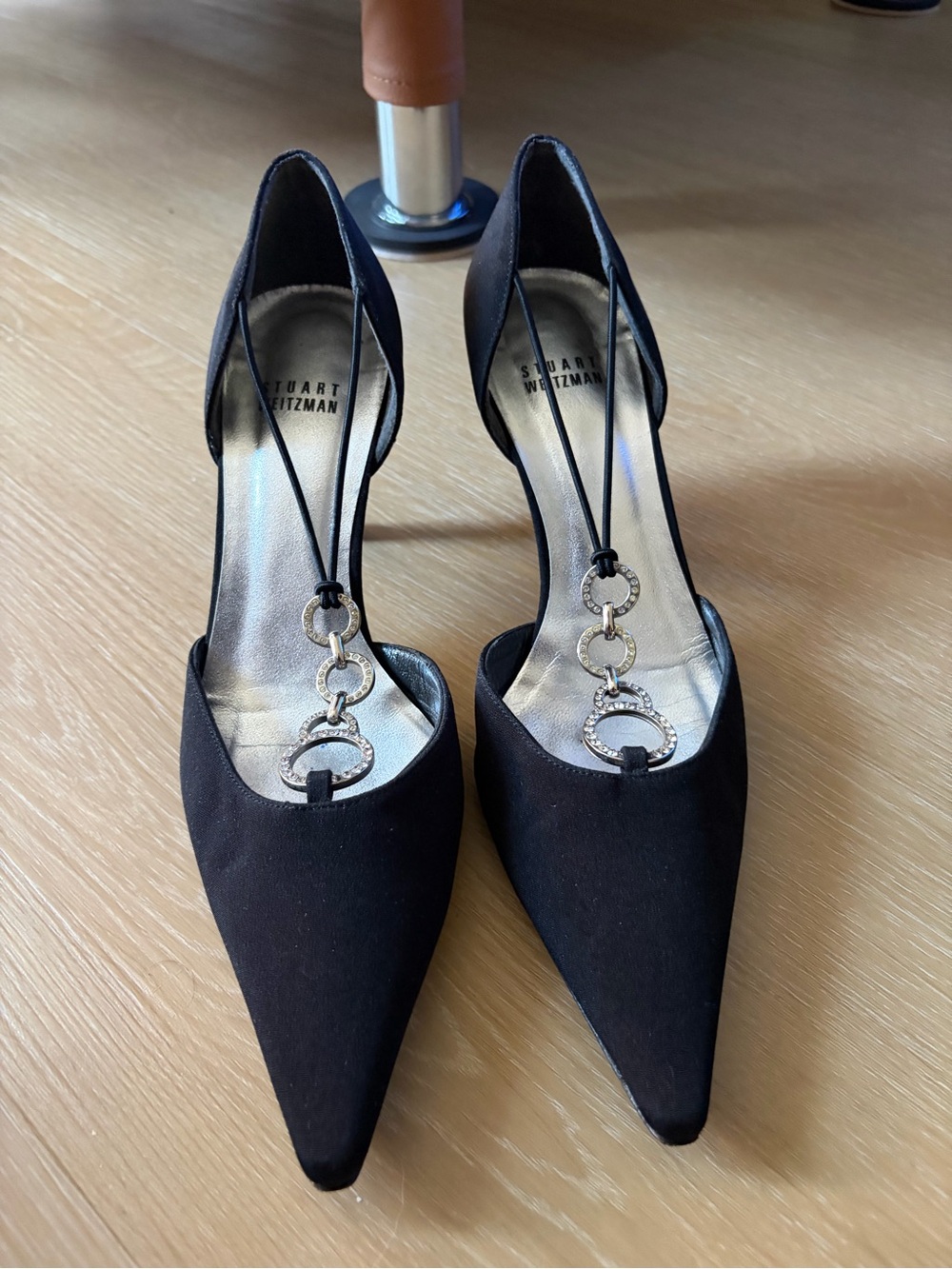 Stuart Weitzman Black Pointed Toe Slingback Heels with Silver Rings
